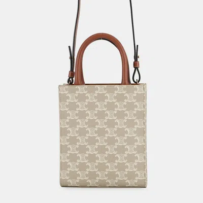 Pre-owned Celine Triomphe Vertical Hippo Beige Canvas Leather Size Mini In Sand