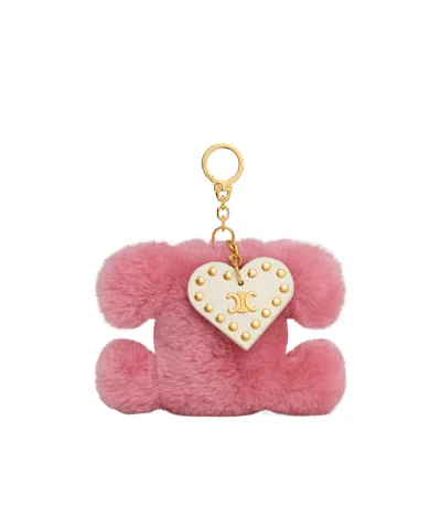 Celine Triomphe Wool Leather Pomp Key Ring In Pink