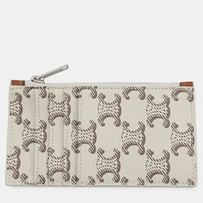 Pre-owned Celine Triomphe Zip Card Holder Tan/ecru Coated Canvas Leather In Sand