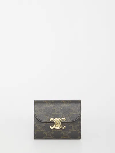 Celine Triomphe-print Compact Wallet In Black