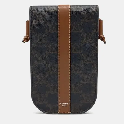Pre-owned Celine Triophée Brown Coated Canvas Phone Pouch Crossbody Bag