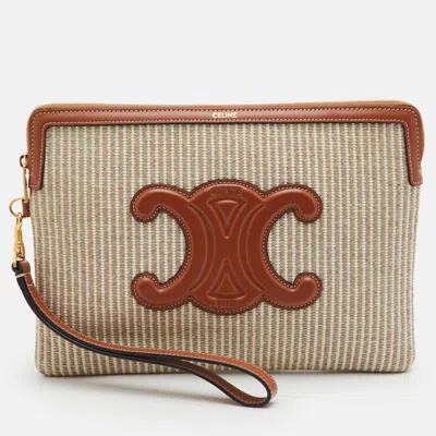 Pre-owned Celine Triumph Small Beige/tan Canvas And Leather Wristlet Pouch