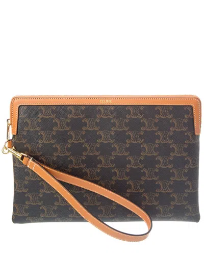 Celine Troimphe Small Canvas & Leather Pouch In Brown