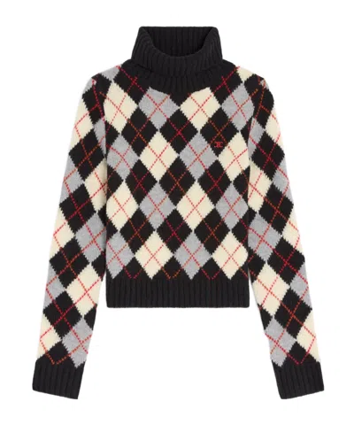 Celine Turtleneck Sweater In Argyle Wool In Black