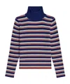 Celine Turtleneck Sweater In Striped Ribbed Wool In Blue