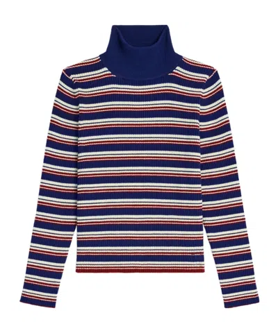 Celine Turtleneck Sweater In Striped Ribbed Wool In Blue