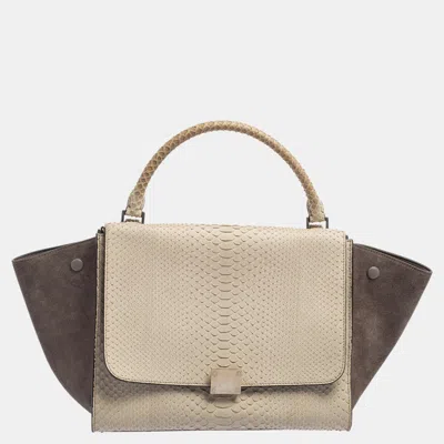 Pre-owned Celine Two Tone Grey Python And Suede Medium Trapeze Top Handle Bag