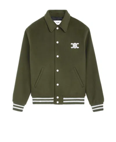 Celine Varsity Jacket With Hood In Double Faced Cashmere In Green