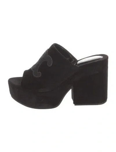 Pre-owned Celine Velvet Graphic Print Mules In Black