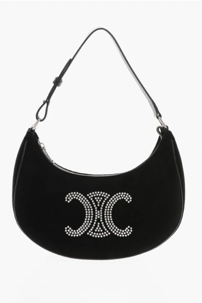 Celine Velvet Hobo Ava Bag With Rhinestone Monogram In Black