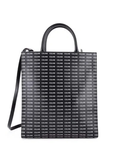 Pre-owned Celine Vertical Cabas All Over Logo Print Leather Small Tote Bag In Black