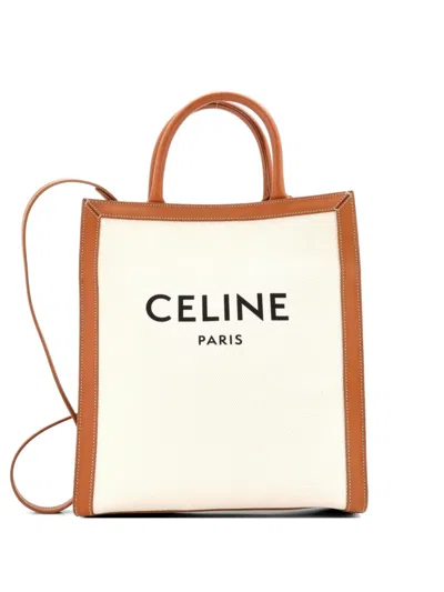 Pre-owned Celine Vertical Cabas Canvas With Leather Small Tote Bag In Brown