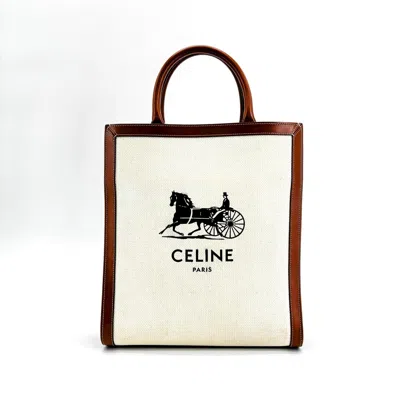 Pre-owned Celine Vertical Cabas Canvas With Leather White Canvas Tote Bag Bag ()