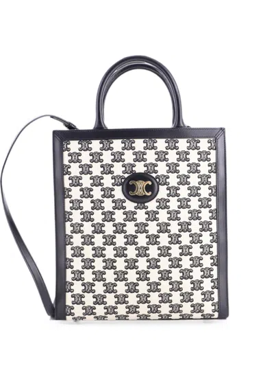 Pre-owned Celine Vertical Cabas Embroidered Canvas With Leather Small Tote Bag In Black