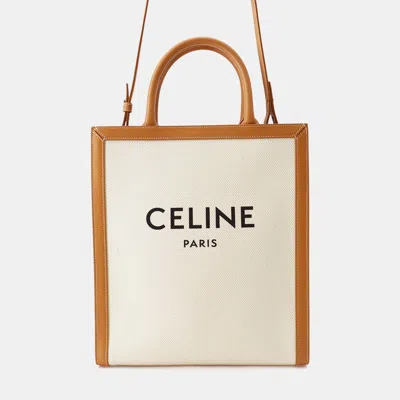 Pre-owned Celine Vertical Cabas Handbag Beige/brown Canvas Leather Size Small