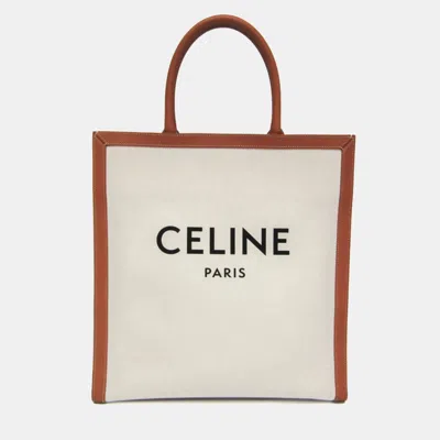 Pre-owned Celine Vertical Cabas Large Off -white Canvas Leather Tote Bag In Sand