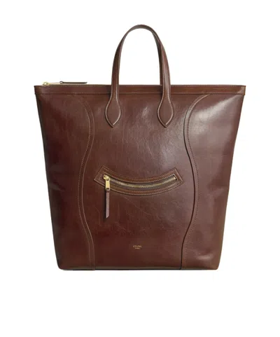Celine Vertical Cabas Luggage In Shiny Calfskin In Brown