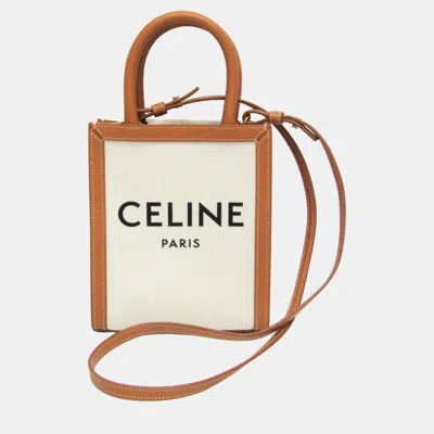 Pre-owned Celine Vertical Cabas Mini Logo Leather Canvas Handbag Light Brown Off-white