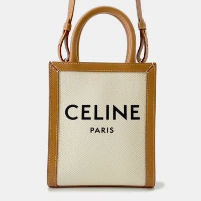 Pre-owned Celine Vertical Cabas Natural/tan Canvas Leather Mini Tote In Brown