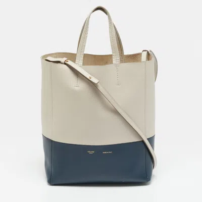 Pre-owned Celine Vertical Cabas Small Beige/navy Blue Leather Tote In Sand