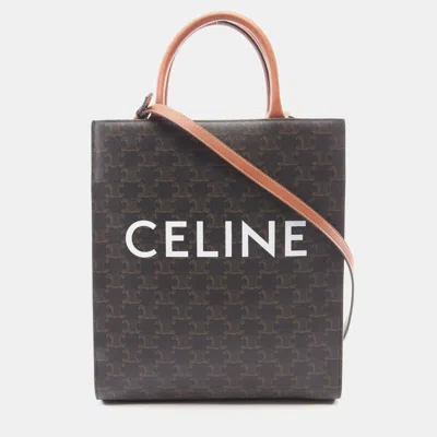 Pre-owned Celine Vertical Cabas Small Dark Brown Tan Triomphe Canvas Calfskin Leather Tote Bag