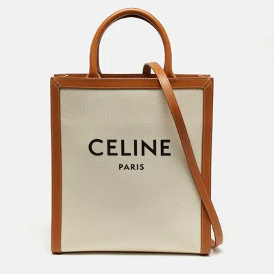 Pre-owned Celine Vertical Cabas Small Tan/natural Canvas And Leather Tote In Brown