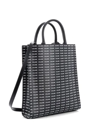 Pre-owned Celine Vertical Cabas Tote All Over Logo Print Leather Small Satchel In Black