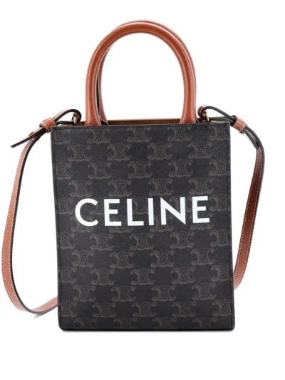Pre-owned Celine Vertical Cabas Tote Triomphe Coated Canvas Mini Satchel In Brown