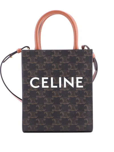 Pre-owned Celine Vertical Cabas Tote Triomphe Coated Canvas Mini Satchel In Brown