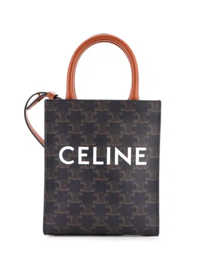 Pre-owned Celine Vertical Cabas Tote Triomphe Coated Canvas Mini Satchel In Brown