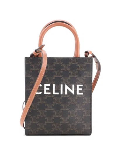 Pre-owned Celine Vertical Cabas Tote Triomphe Coated Canvas Mini Satchel In Brown