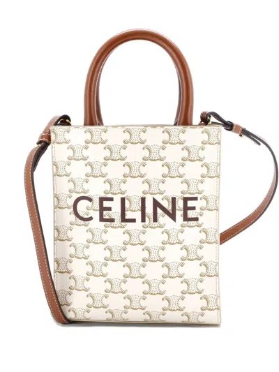 Pre-owned Celine Vertical Cabas Tote Triomphe Coated Canvas Mini Satchel In Neutral