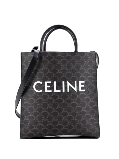 Pre-owned Celine Vertical Cabas Triomphe Coated Canvas Medium Tote Bag In Black