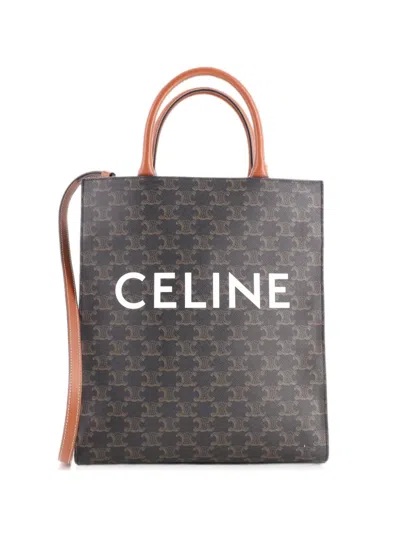 Pre-owned Celine Vertical Cabas Triomphe Coated Canvas Small Tote Bag In Brown