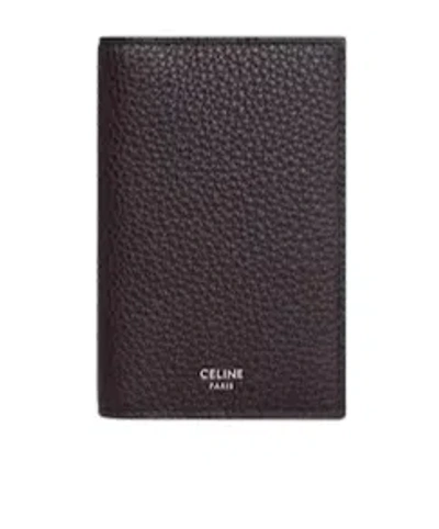 Celine Vertical Card Holder In Grained Calfskin In Gray