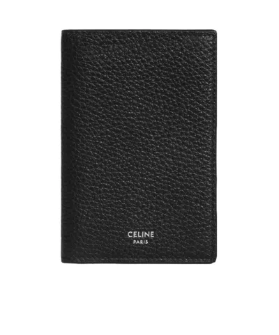 Celine Vertical Card Holder In Grained Calfskin In Black