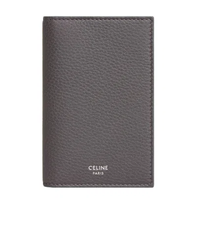 Celine Vertical Card Holder In Grained Calfskin In Black