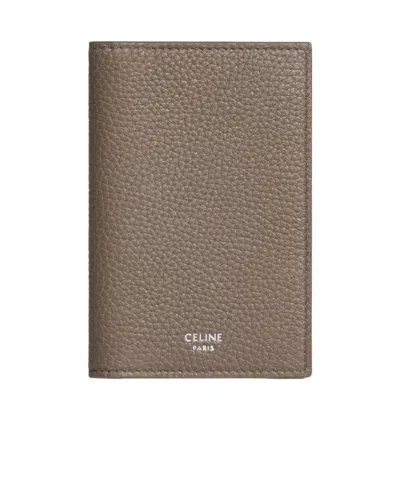 Celine Vertical Card Holder In Grained Calfskin In Brown