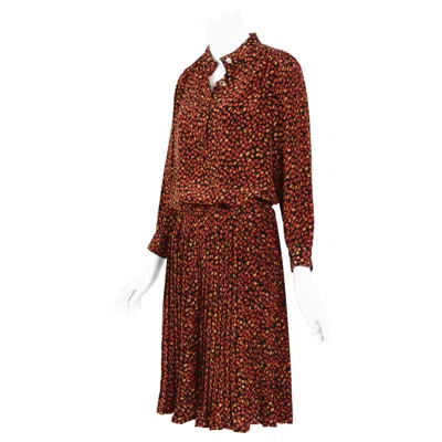 Pre-owned Celine Céline Vintage 1970s 100% Silk Printed Matching Blouse & Skirt Ensemble. In Brown