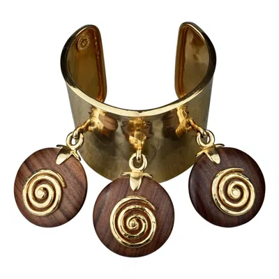 Pre-owned Celine Vintage 1990  Paris Spiral Wood Charm Cuff Bracelet In Brown