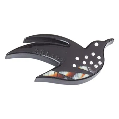 Pre-owned Celine Vintage Black Acrylic Clear Crystal Bird Large Pin Brooch
