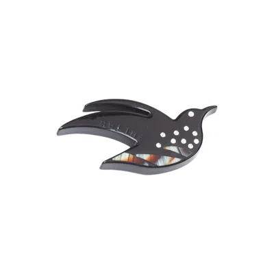 Pre-owned Celine Vintage Black Acrylic Clear Crystal Bird Large Pin Brooch