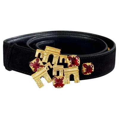 Pre-owned Celine Vintage  Paris Arc De Triomphe Jewelled Black Suede Leather Belt