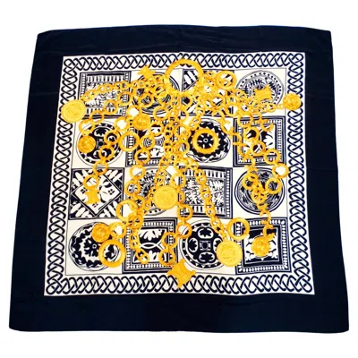 Pre-owned Celine Vintage Circa 1980s  Gold Chain Motif Silk Scarf In Black