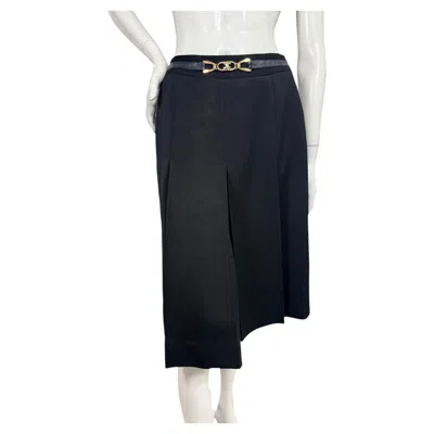 Pre-owned Celine Vintage C�line Black Wool Pleated Midi Skirt With Gold Logo Belt, France