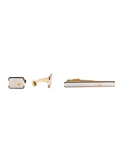 Pre-owned Celine Vintage Enamel Two Tone Logo Cufflinks & Tie Clip In Multi