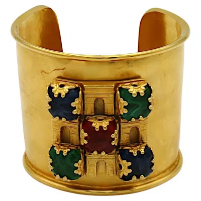 Pre-owned Celine Vintage Gold Tone Cuff Bracelet Triumphal Arches & Glass Cabochons In Multi