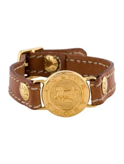 Pre-owned Celine Vintage Leather Blazon Chaine Bracelet, 7" In Neutrals