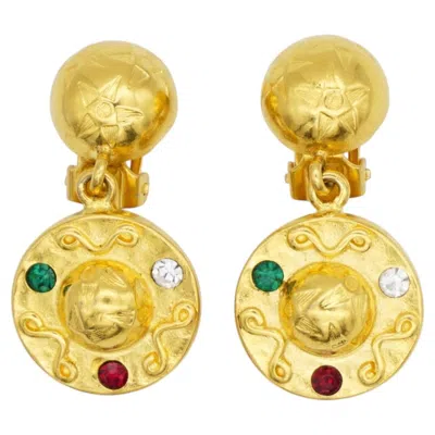 Pre-owned Celine Vintage Rare Gold 1989 Green Emerald Ruby Globe Celestial Drop Earrings