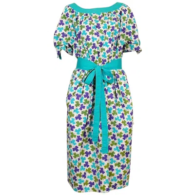 Pre-owned Celine Céline Vintage Shamrock Print Cotton Tie-belt Day Dress In Blue